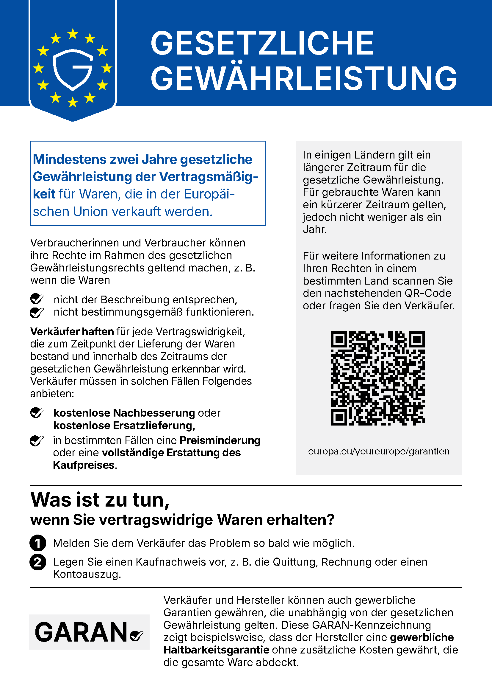 Harmonisierter EU-Hinweis zur gesetzlichen Gewährleistung, deutsche Fassung